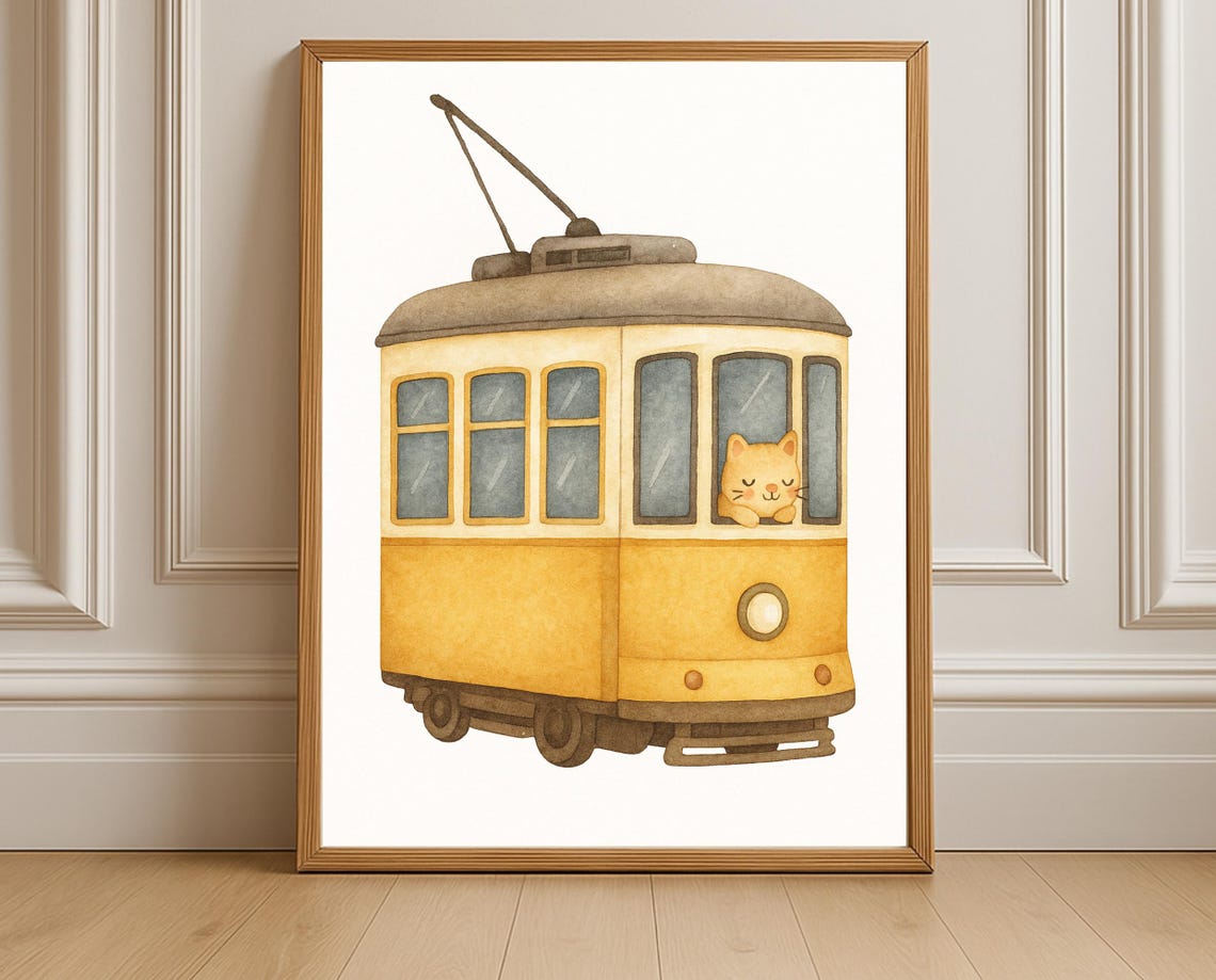 Yellow Tram Wall Art Cat In Nursery Poster Vintage Transport Kids Room Decor