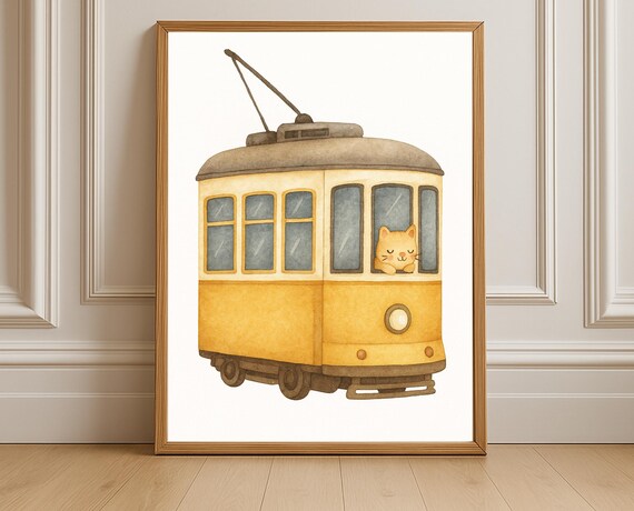 Vintage Yellow Tram Ride With Sleepy Cat Watercolor Kids Poster