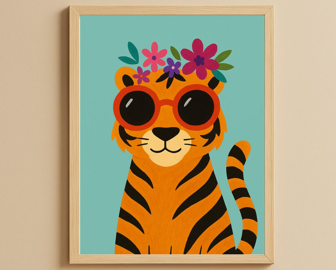 Tiger With Red Sunglasses and Flower Crown Fun Nursery Wall Art