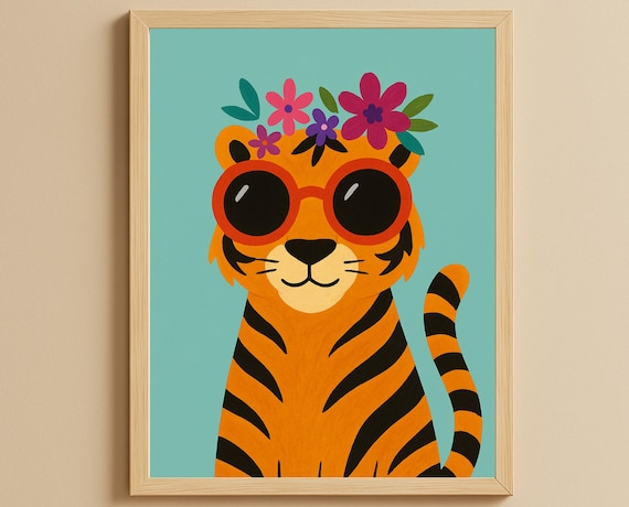 Tiger With Red Sunglasses and Flower Crown Fun Nursery Wall Art