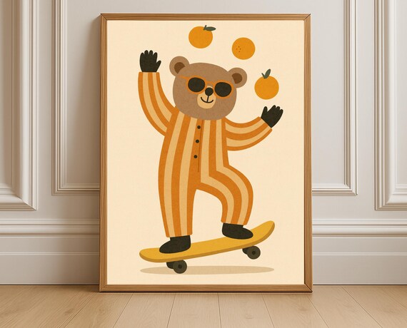 Retro Bear in Striped Pajamas on Skateboard Juggling Oranges Poster