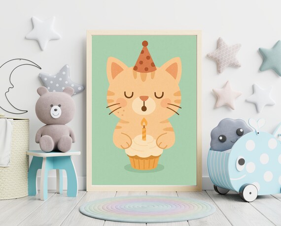Birthday Cat Party Hat Cupcake Candle Celebration Kids Room Poster