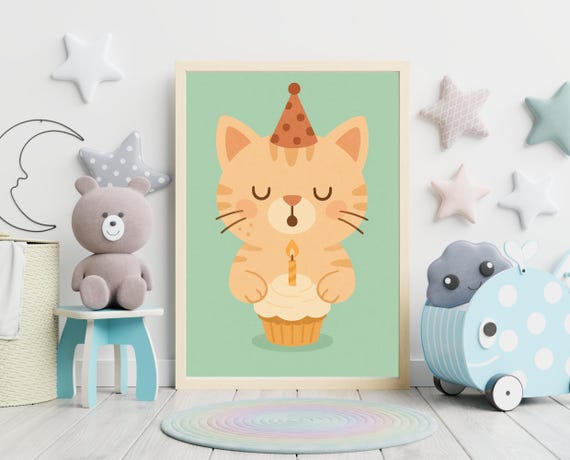 Birthday Cat Wall Art Nursery Animal Decor Cute Cupcake Kitten