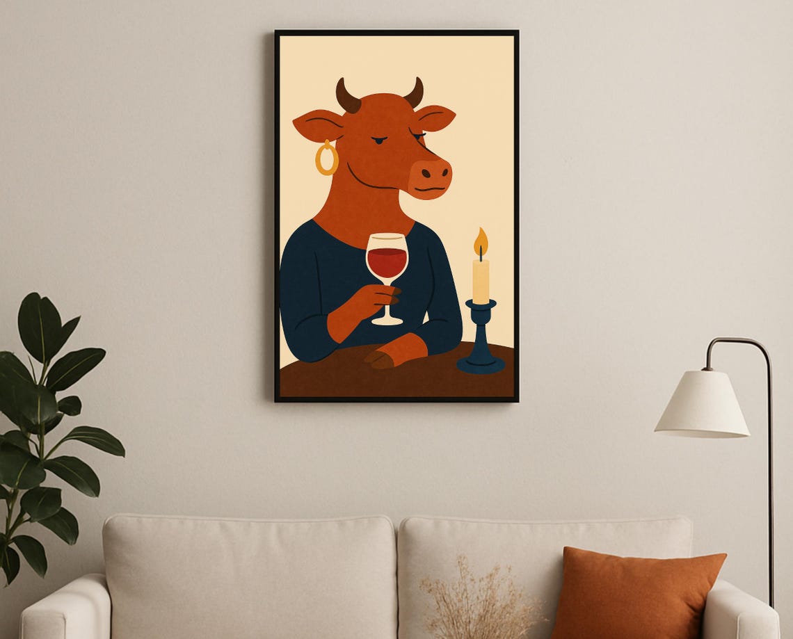 Elegant Cow Drinking Wine by Candlelight Dinner Party Poster