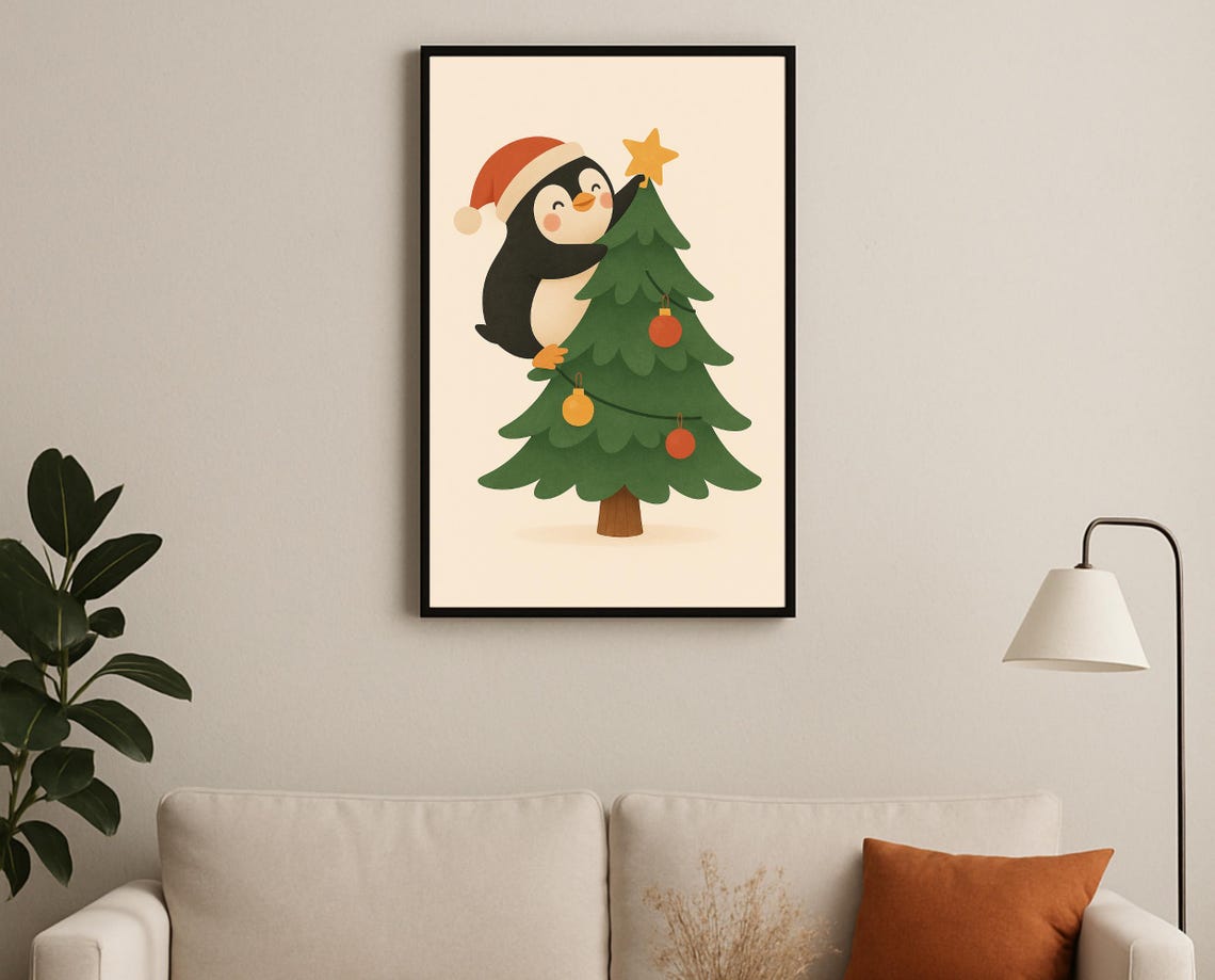 Penguin Decorating Christmas Tree Holiday Nursery Wall Art Kids Room Decor