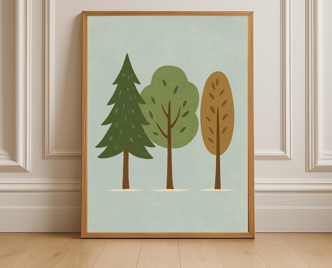 Three Trees Nursery Wall Art Forest Print Nature Decor Scandinavian Kids Room Genderneutral Instant