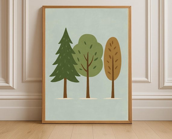 Three Minimalist Scandinavian Trees in Muted Green Tones Poster