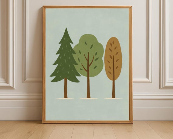 Three Trees Nursery Wall Art Forest Print Nature Decor Scandinavian Kids Room Genderneutral Instant