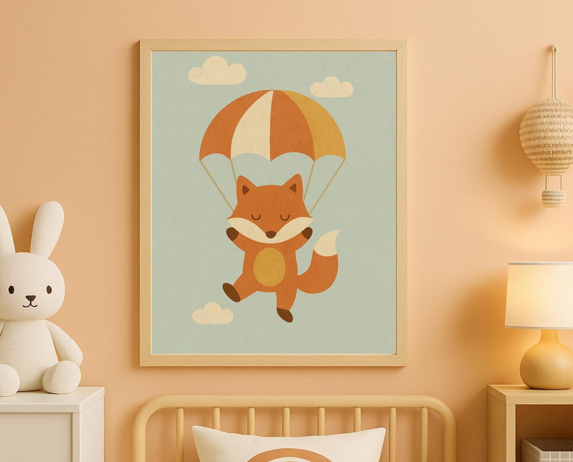 Whimsical Parachuting Fox Skydiving Adventure Kids Nursery Poster