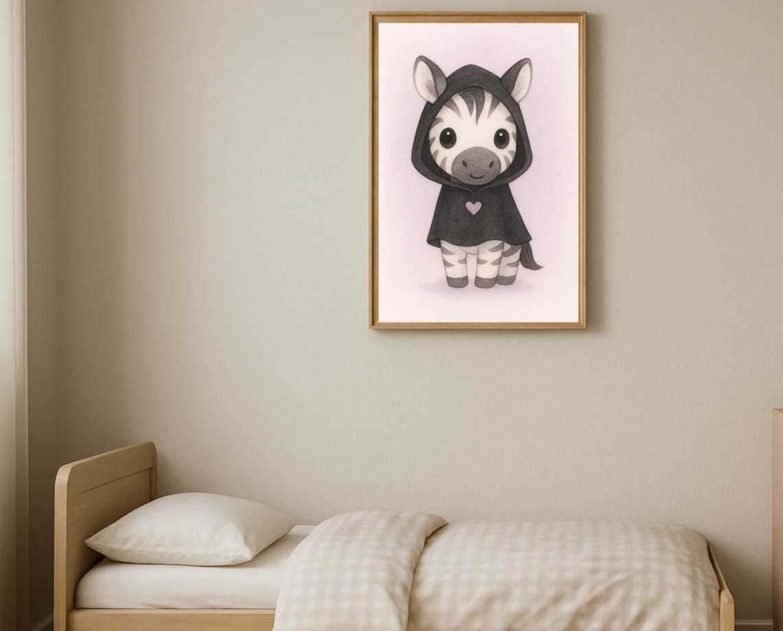 Kawaii Zebra Nursery Print In Hoodie Kids Wall Art Purple Decor Instant
