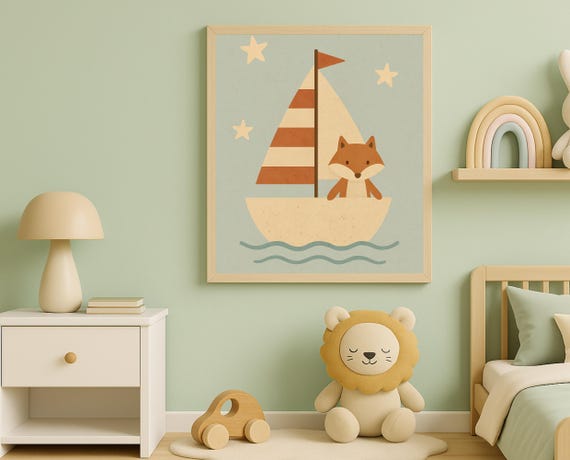 Sailing Fox Nursery Wall Art Whimsical Boat Animal Ocean Themed Baby Room Decor