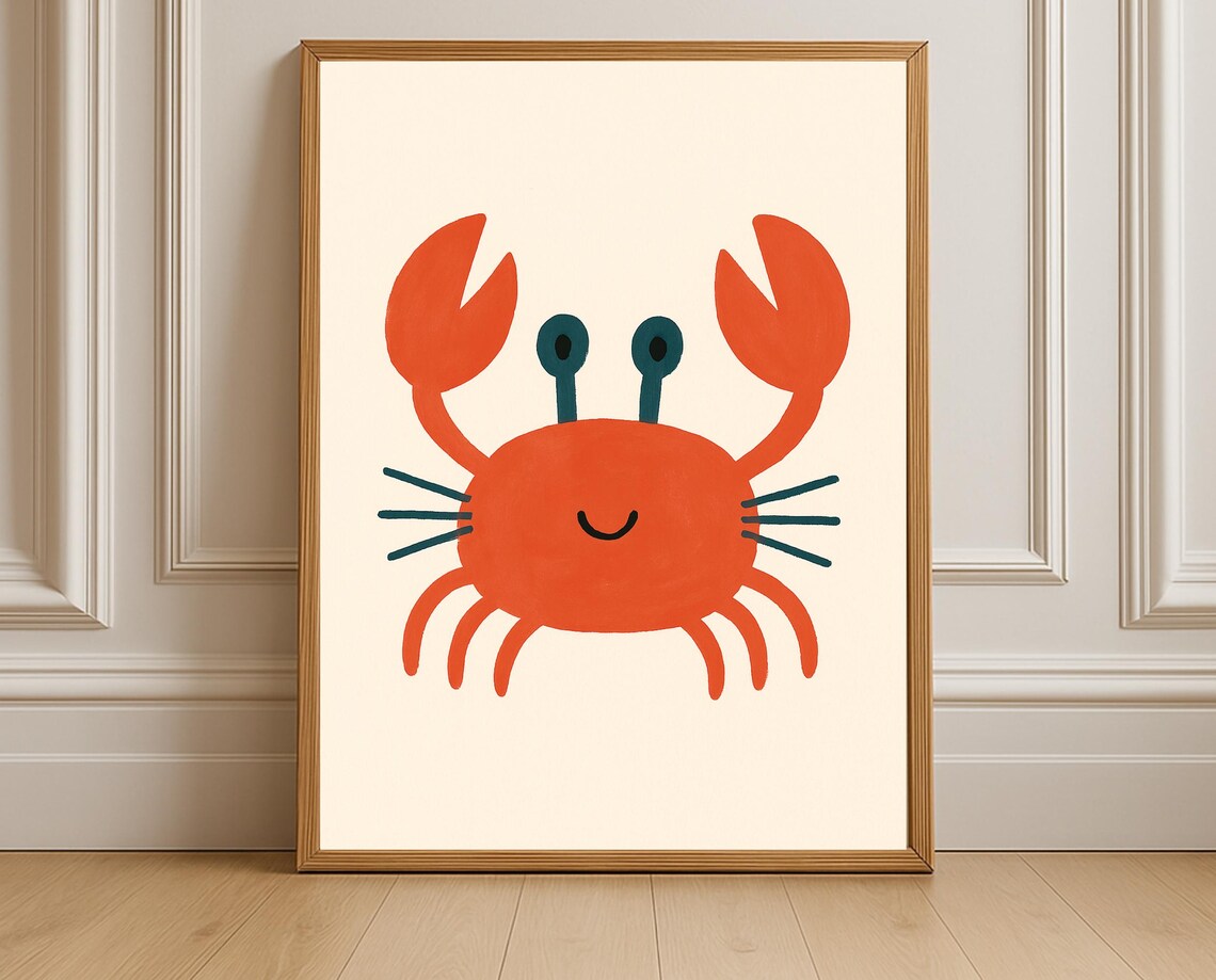 Cute Smiling Orange Crab With Sea Life Kids Ocean Nursery Poster
