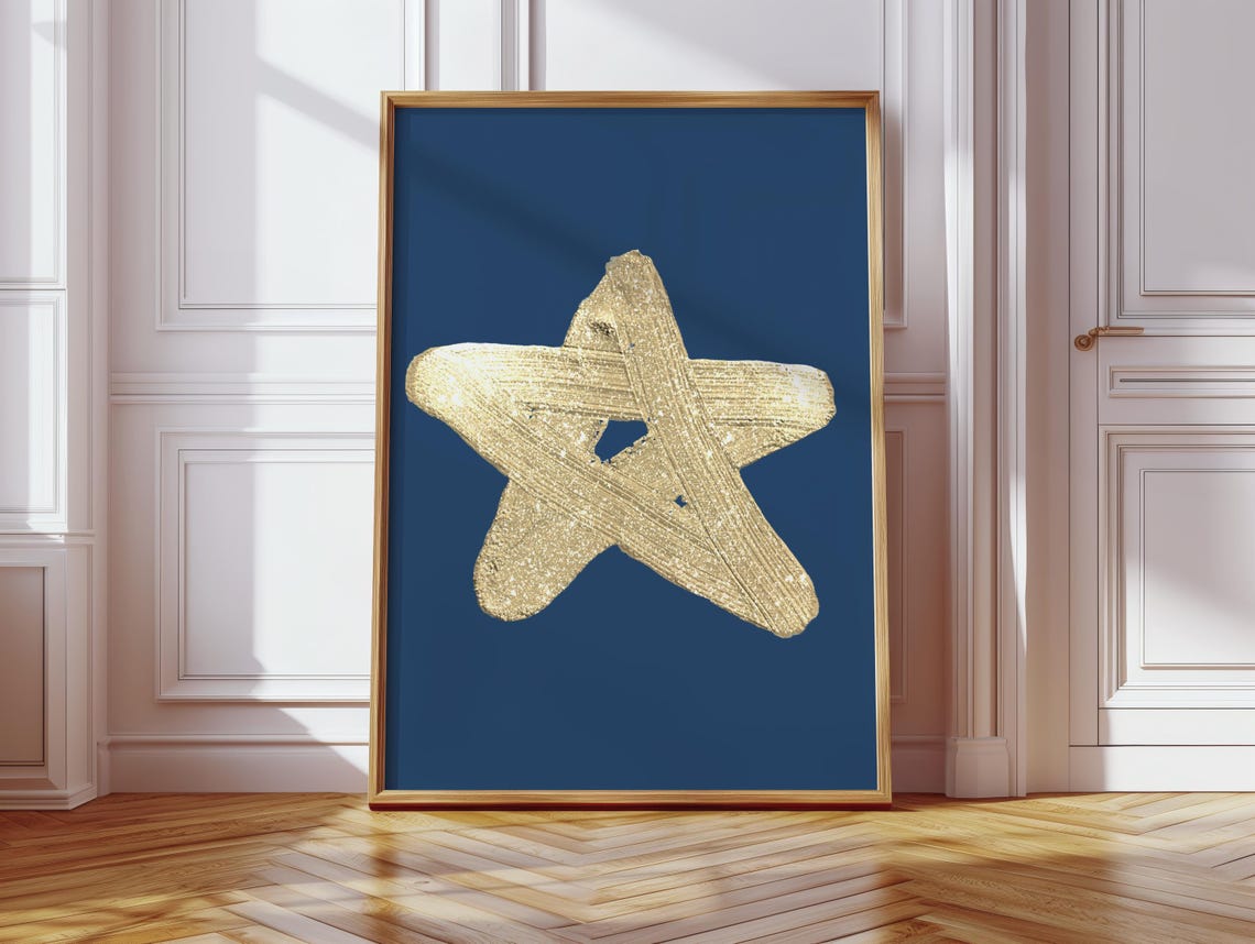 Gold Brushstroke Star Poster Navy Blue Minimalist Celestial Decor