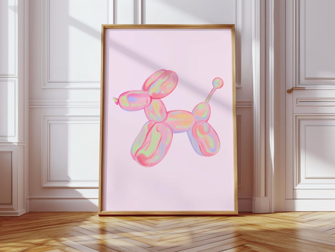 Pink Holographic Balloon Dog Soft Blush Pink Background Poster
