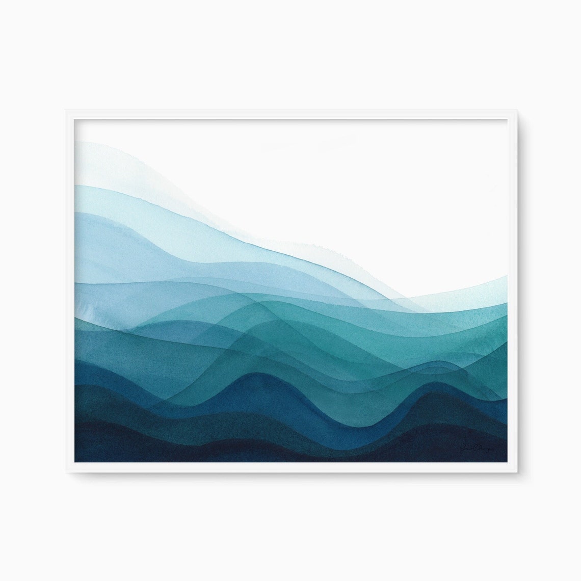 Deep Blue Ocean Wave Layers Calm Abstract Watercolor Art Poster