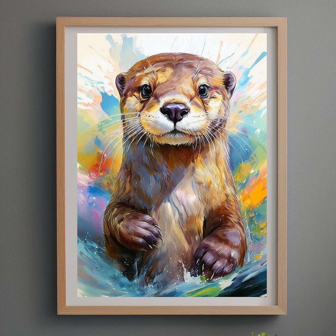 Playful Otter Watercolor Splash Colorful Animal Painting Poster