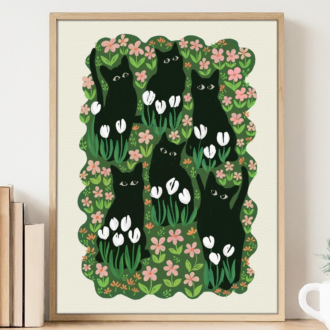 Six Black Cats Among Tulips And Pink Flowers Whimsical Garden Poster