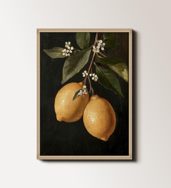 Vintage Still Life Lemon Painting For Kitchen Fruit Still Life Art Country Kitchen Wall Decor Lemons Print 136