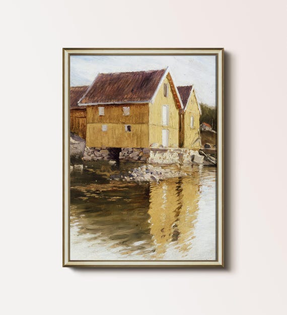 Vintage Cottage Lake House Wall Decor Rustic Cabin Art Yellow Lake Cabin Art Nordic Landscape Art Print Boathouse 130