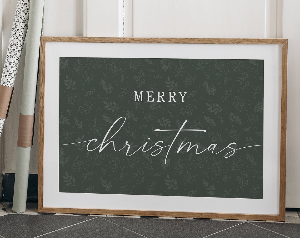 Merry Christmas Forest Green Botanical Horizontal Sign Poster