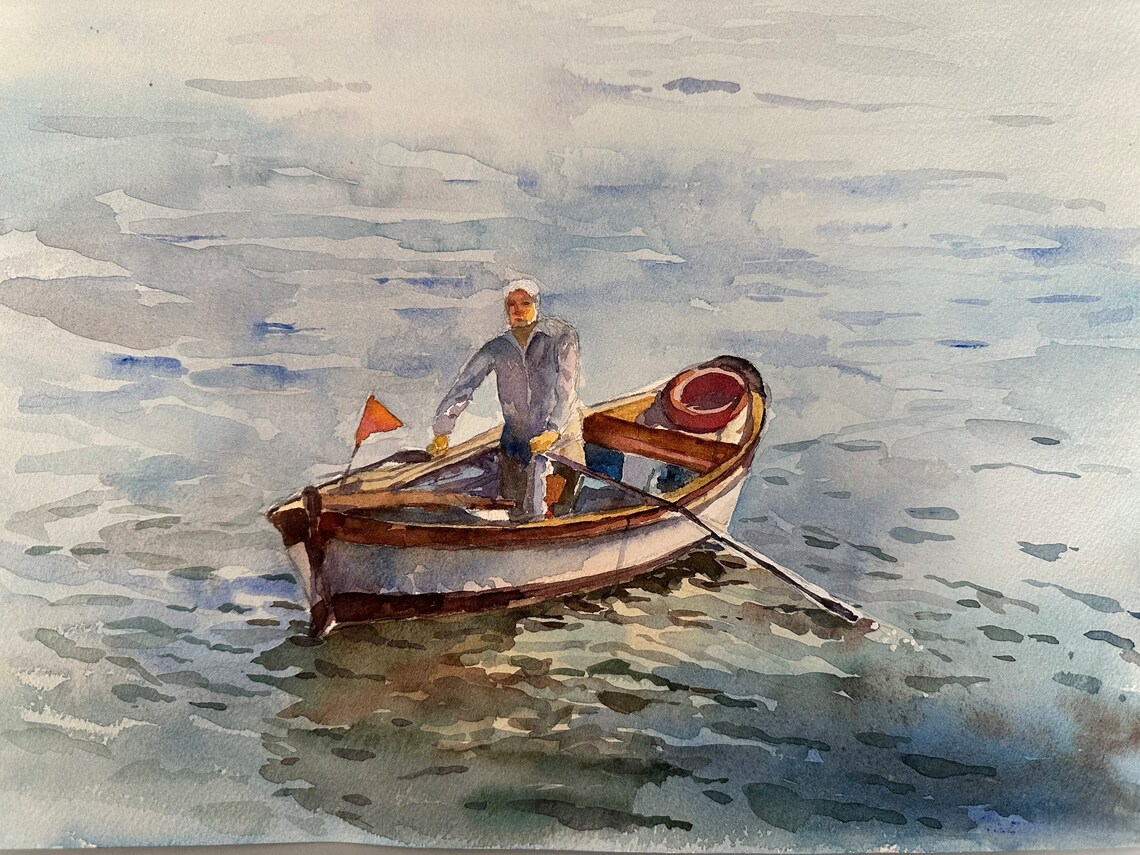 Fisherman Rowing Wooden Boat on Calm Sea Watercolor Art Poster - Image 3
