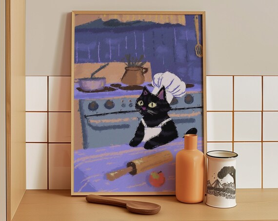Playful Black Chef Cat Baking in a Rustic Purple Kitchen Poster