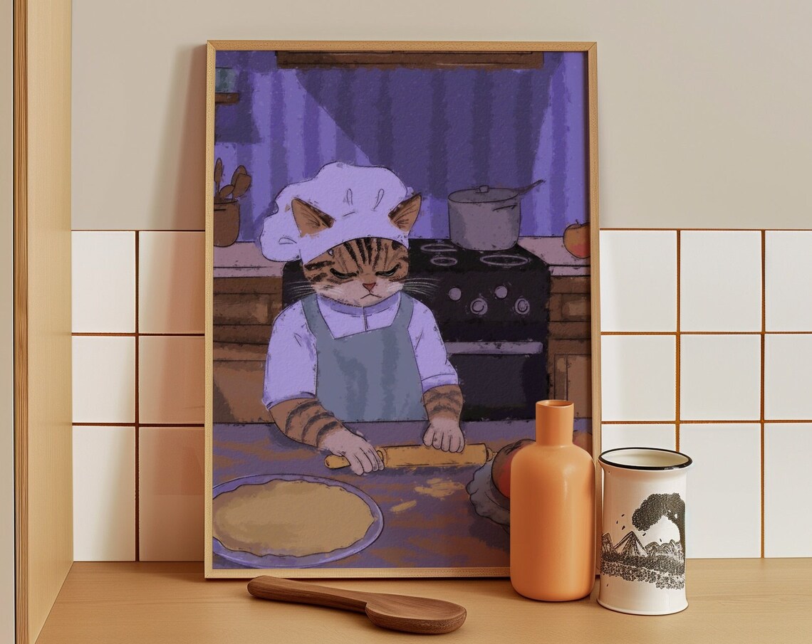 Orange Tabby Chef Cat Rolling Dough In Kitchen Whimsical Cooking Art Poster