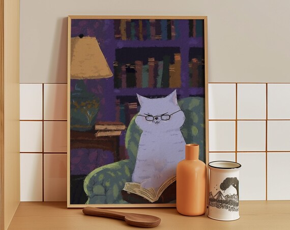 White Cat With Glasses Reading A Book In Armchair Cozy Library Art Poster