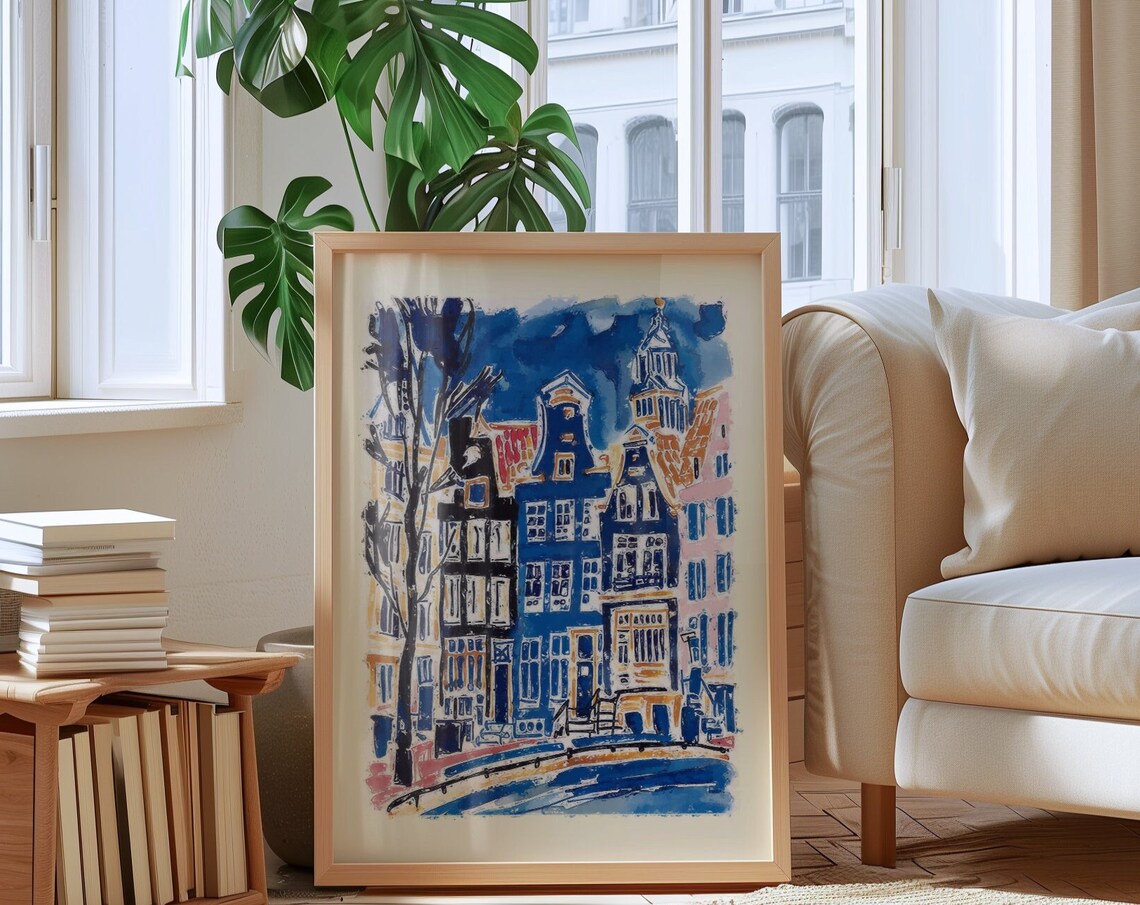 Amsterdam Canal Houses in Loose Blue and Gold Watercolor Poster