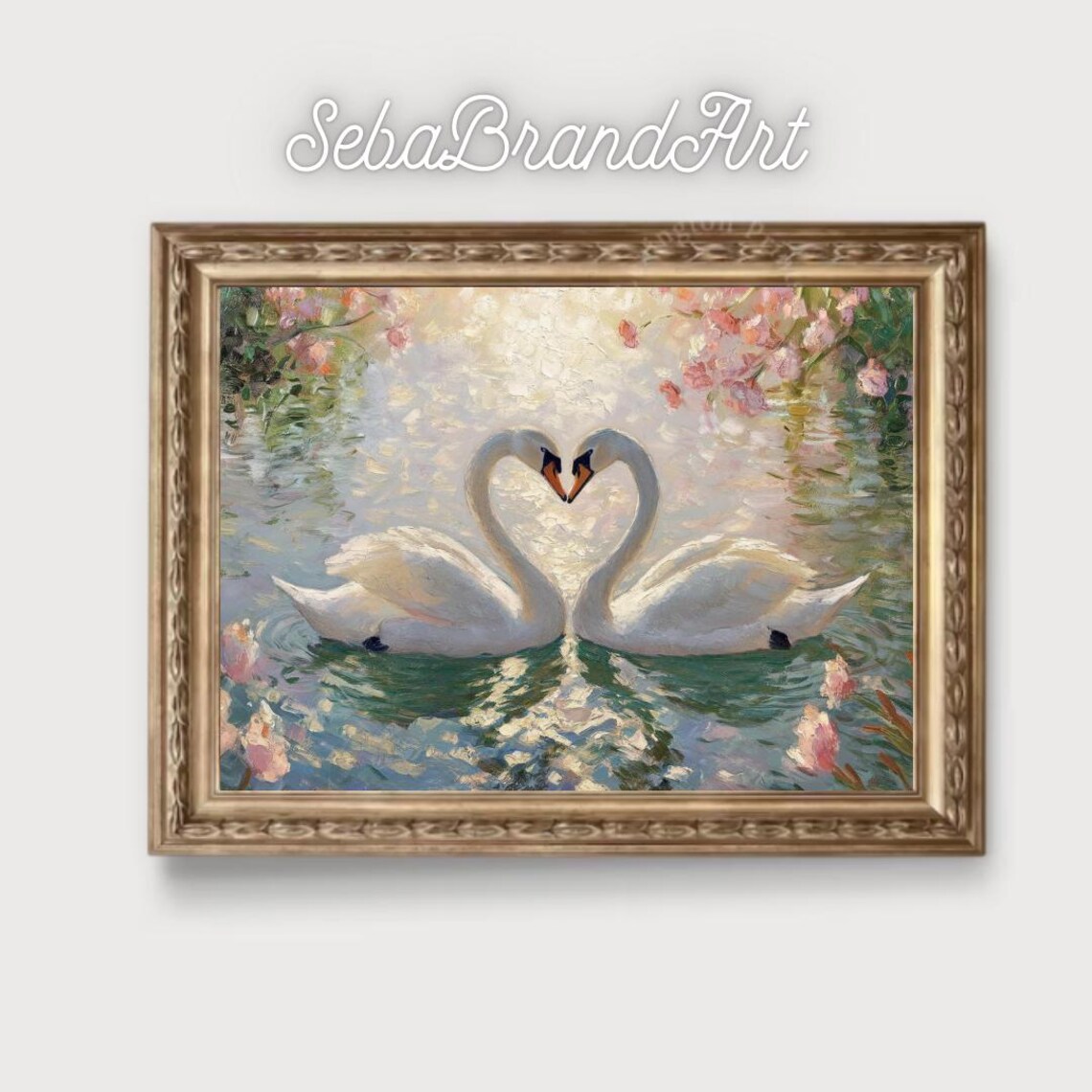 Two Swans Forming A Heart In A Blossom Pond Impressionist Poster - Image 2