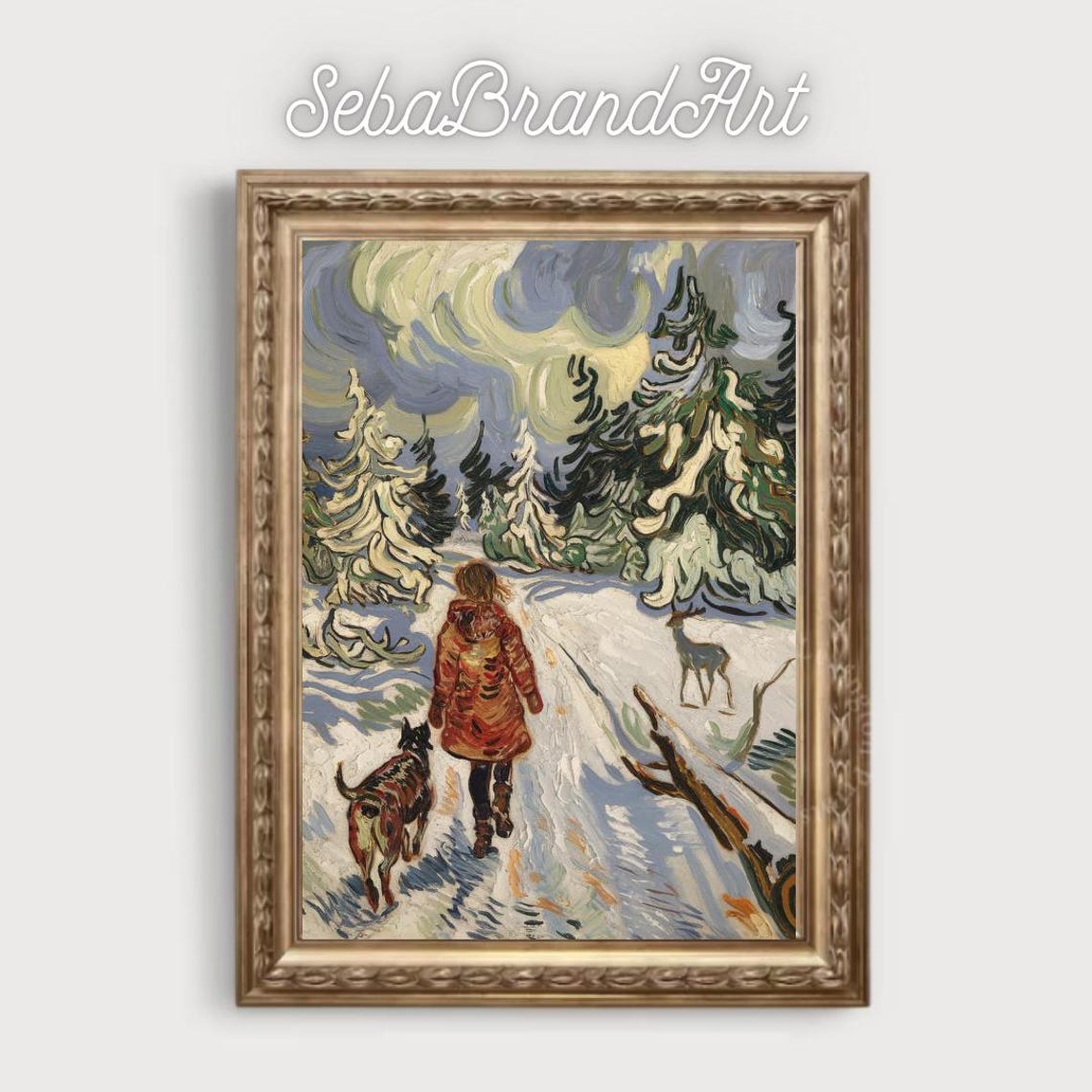 Van Gogh Inspired Child And Dog On A Snowy Forest Trail Winter Poster - Image 2