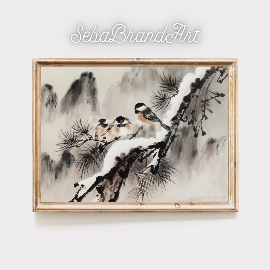Three Chickadees On Snowy Pine Branch Chinese Ink Bird Art Poster