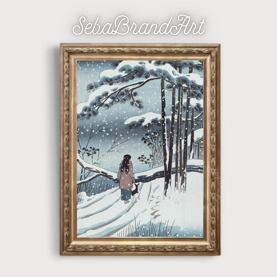Girl And Dog Walking In Falling Snow Pine Forest Ukiyo E Art Poster - Image 2