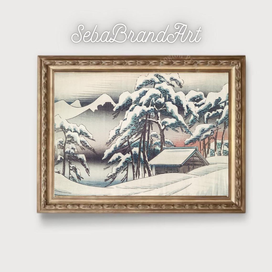 Snow Covered Cabin Among Snowy Pines Japanese Ukiyo E Winter Art Print - Image 2
