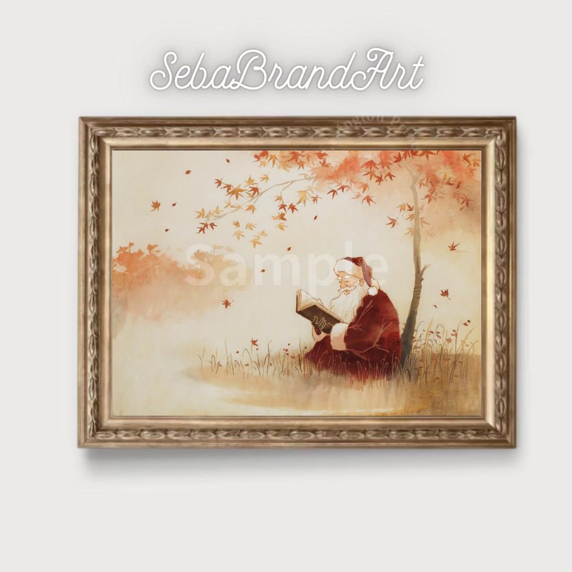 Santa Claus Reading Book Under Autumn Maple Tree Japanese Art Poster - Image 2