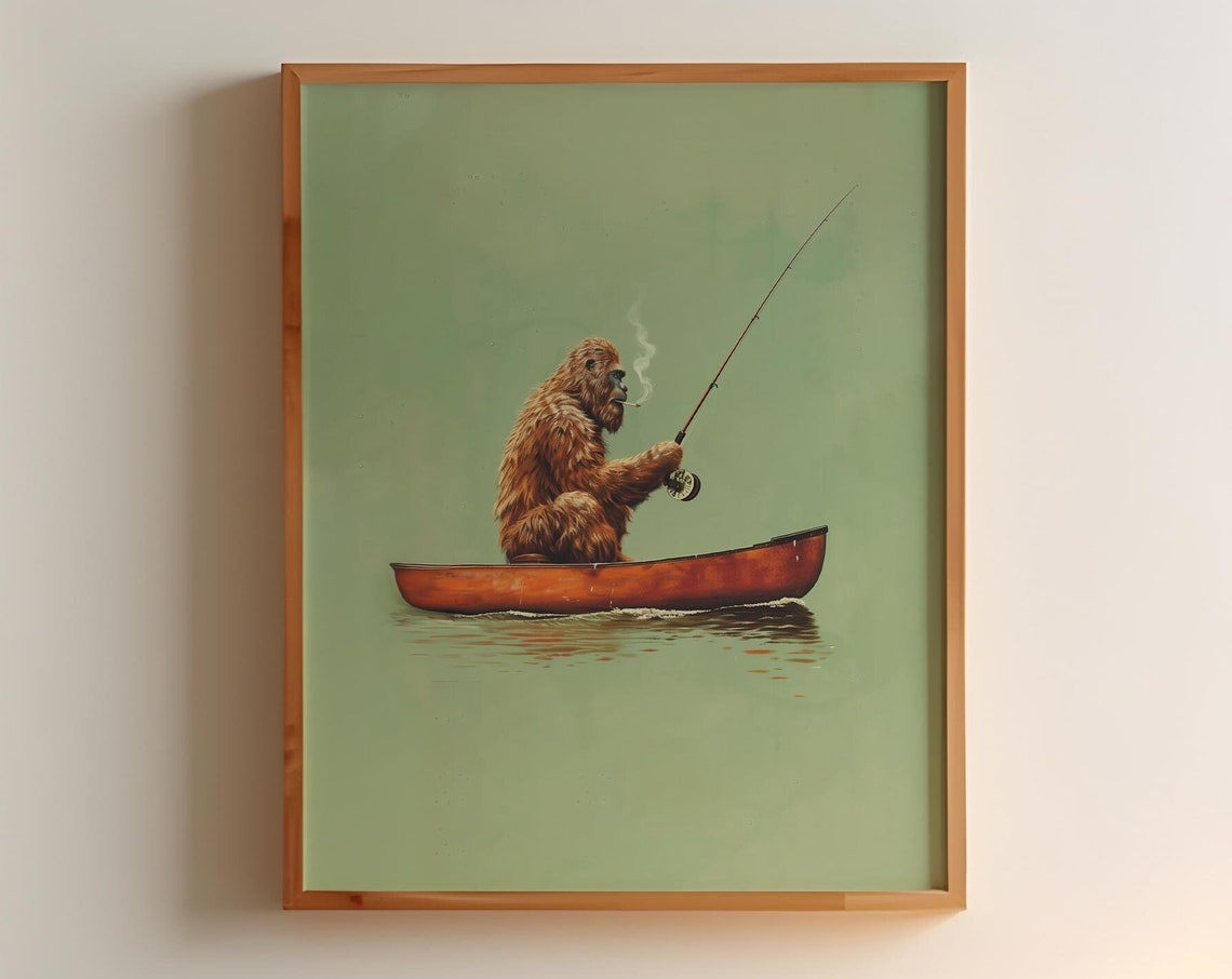 Bigfoot Fishing in Canoe Vintage Retro Poster