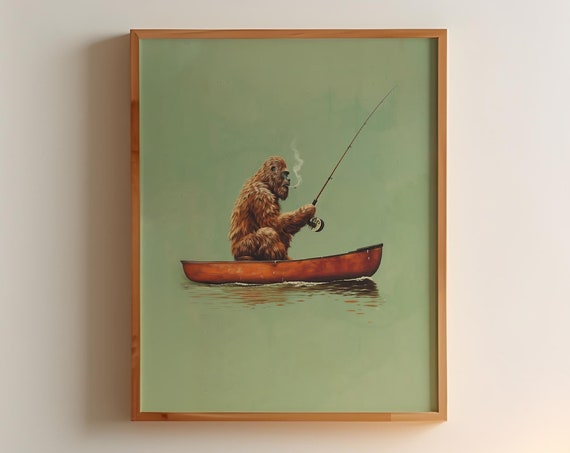 Bigfoot Fishing in Canoe Vintage Retro Poster