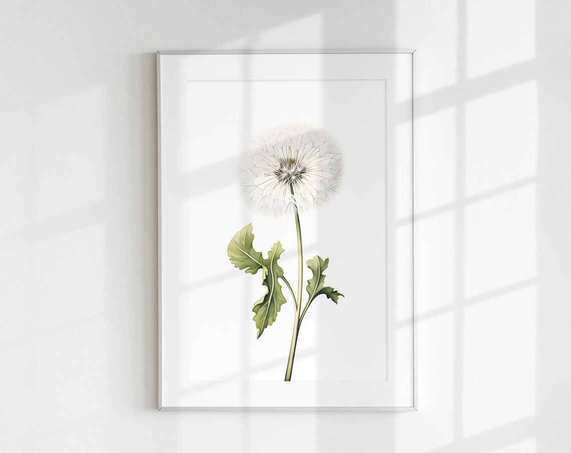 Dandelion White Flower Minimal Poster, Plant Art Print