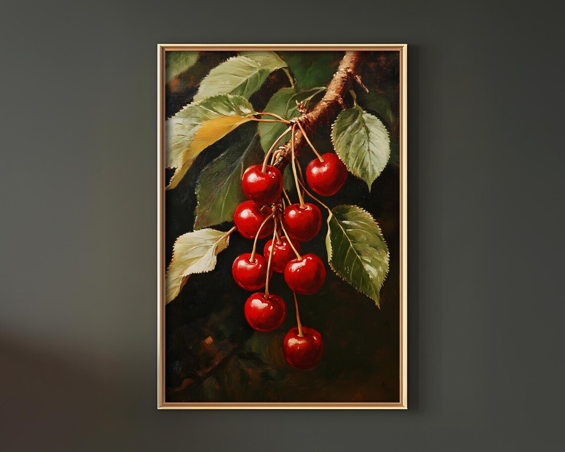 Cherry Oil Painting Print, Botanical Vintage Poster