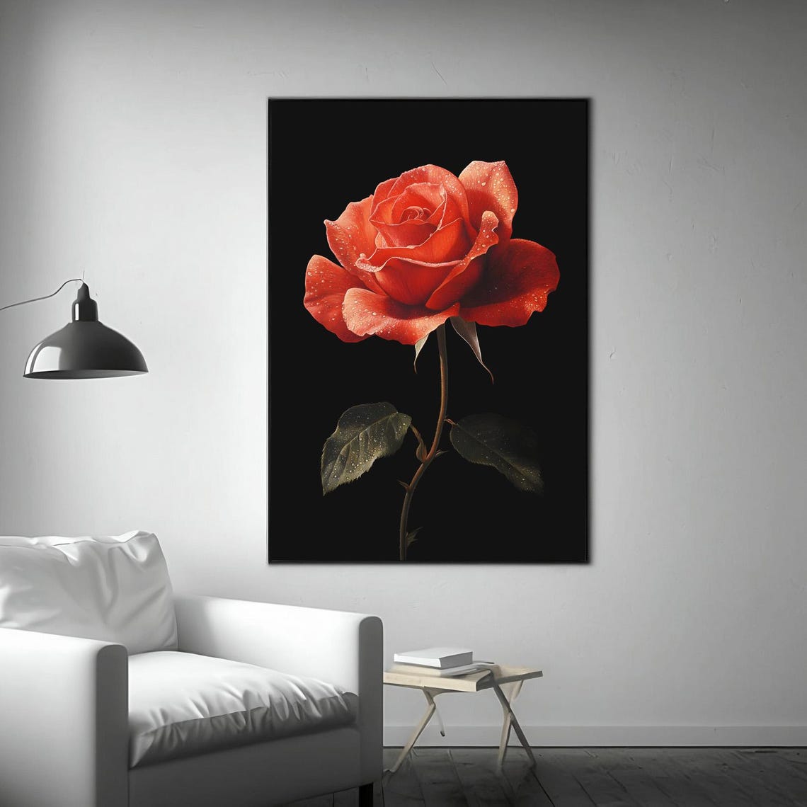 Single Red Rose With Dew Drops Black Background Minimal Floral Print - Image 3