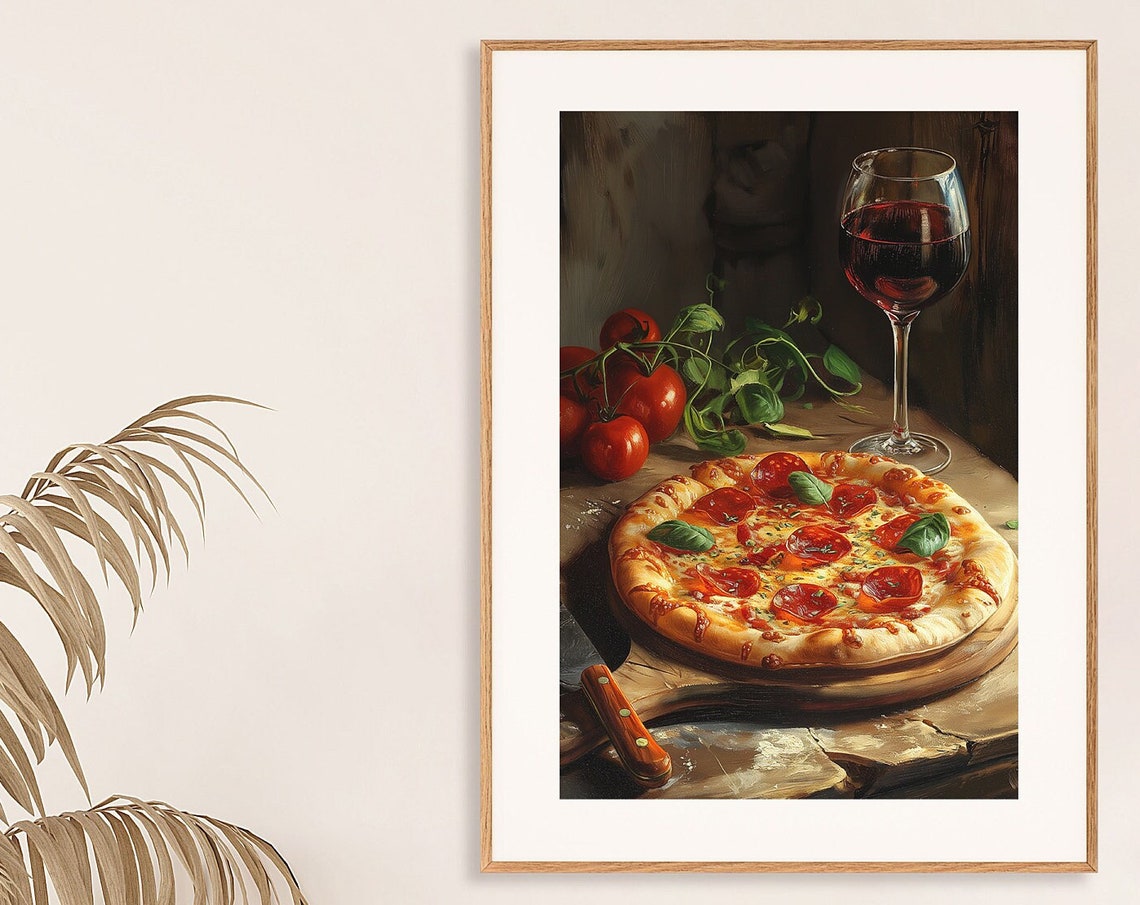 Pepperoni Pizza and Red Wine Rustic Italian Still Life Poster