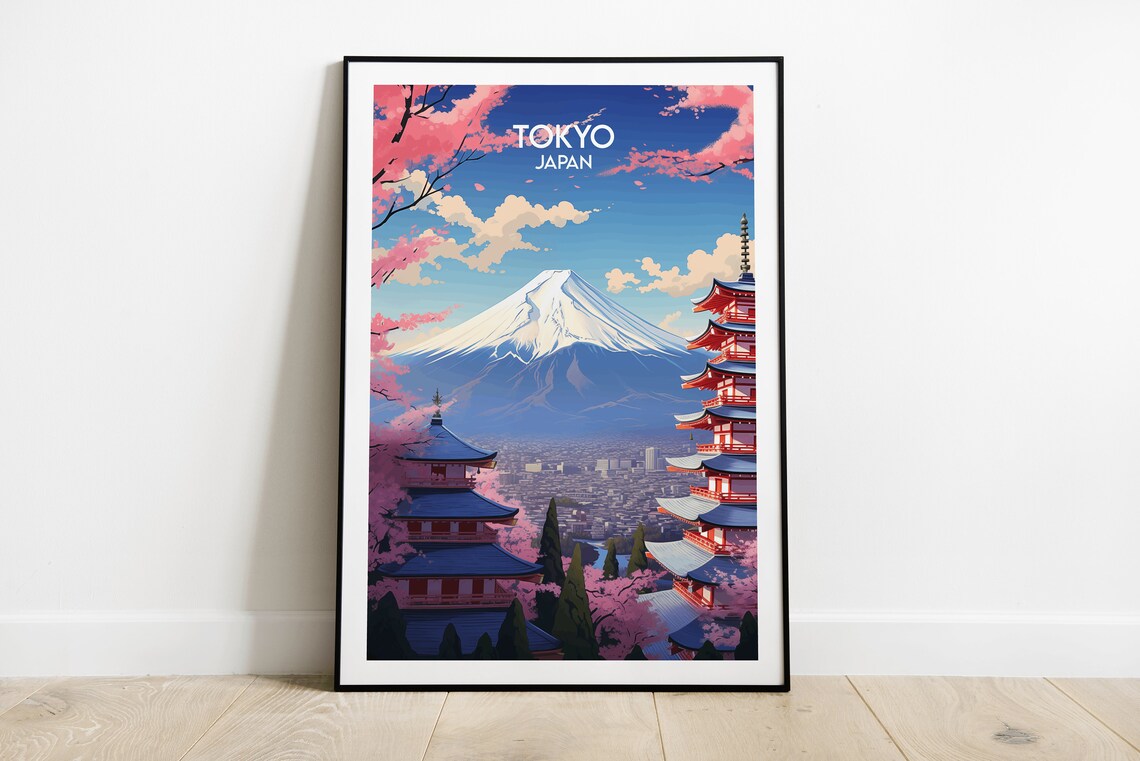 Tokyo Japan Vintage Cherry Blossom Mount Fuji Pagoda Travel Poster