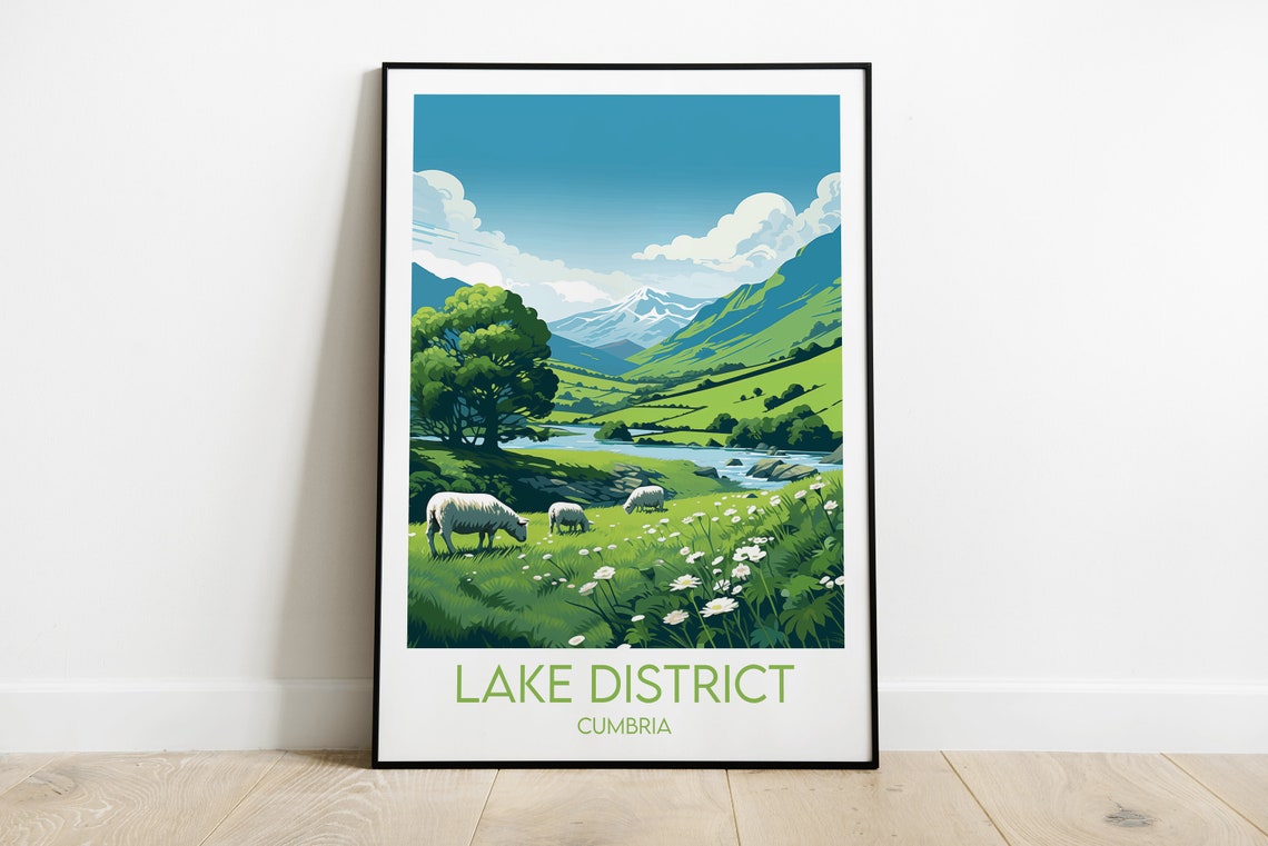 Lake District Cumbria Green Hills Grazing Sheep Scenic Poster