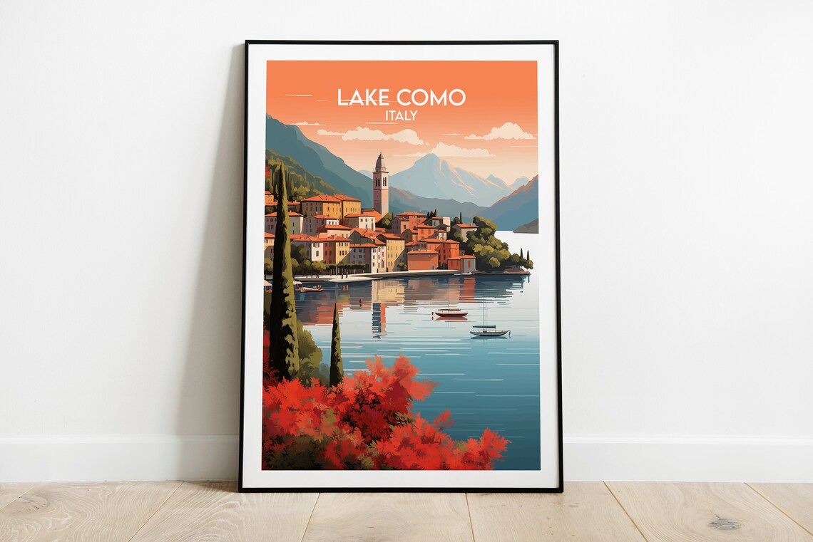 Lake Como Italy Lakeside Village Sunset Boats Vintage Travel Poster