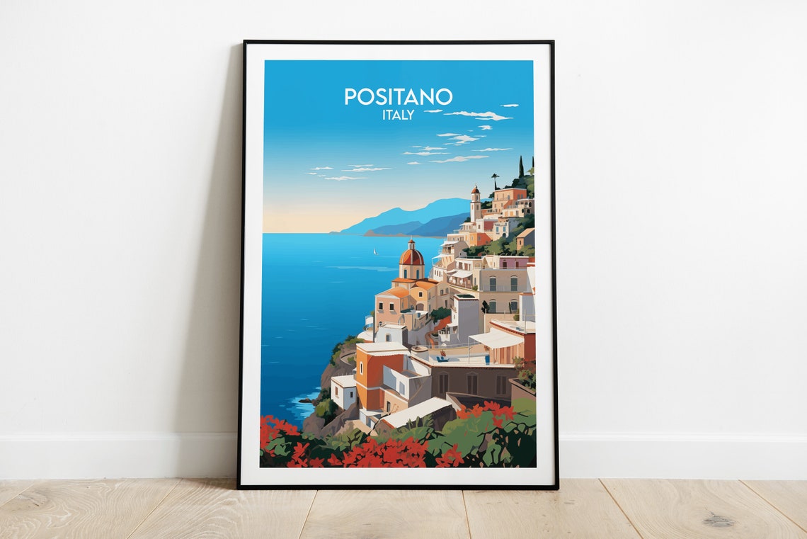 Positano Italy Amalfi Coast Vintage Seaside Village Travel Poster