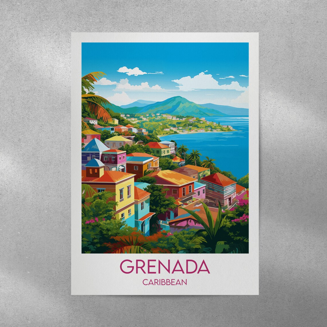 Grenada Caribbean Colorful Hillside Bay Town Travel Art Poster - Image 4