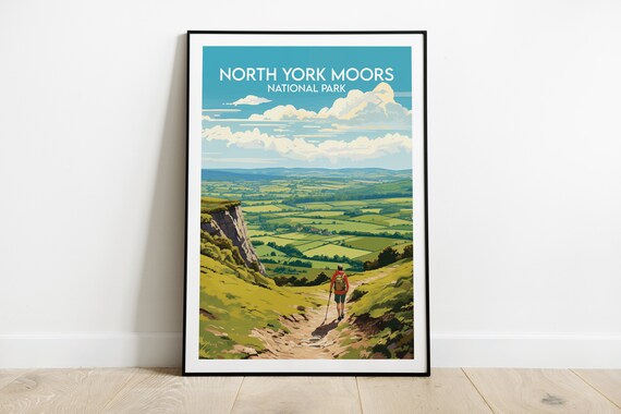 North York Moors Hiker Green Valley National Park Vintage Poster