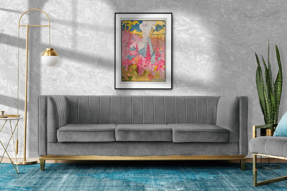 Summer Woman Among Pink Flowers Vintage Art Nouveau Floral Poster - Image 2