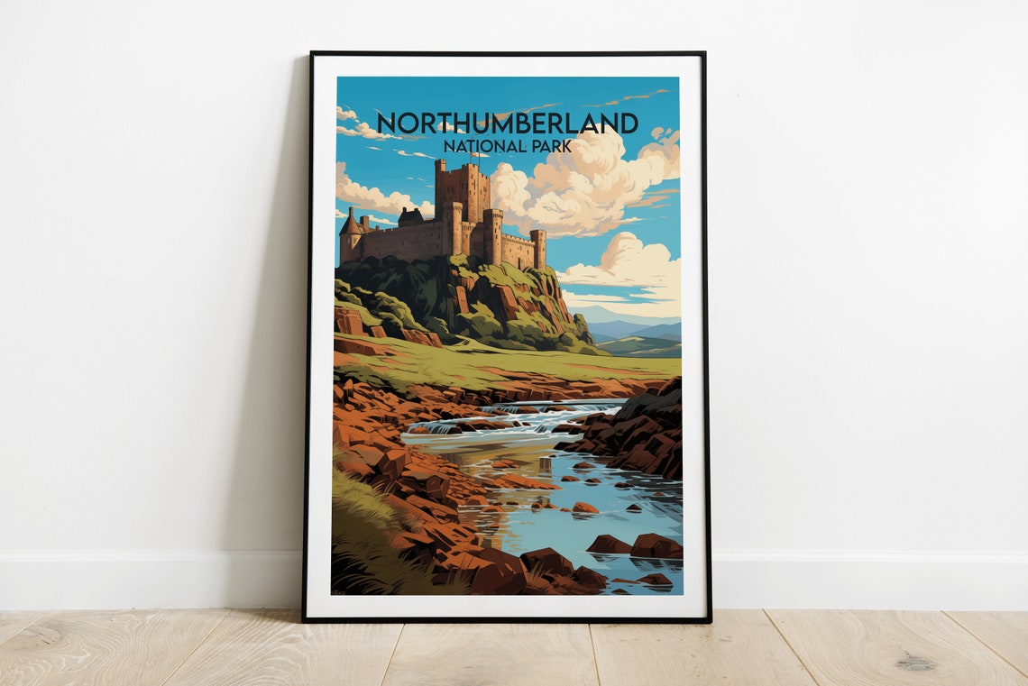 Northumberland National Park Castle Ruins River Retro Travel Poster