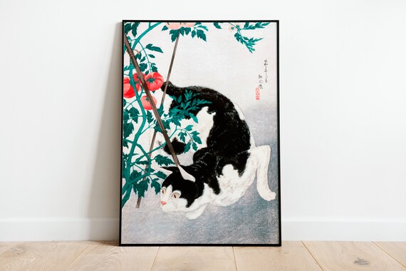 Japanese Cat with Tomatoes Woodblock Black and White Art Poster